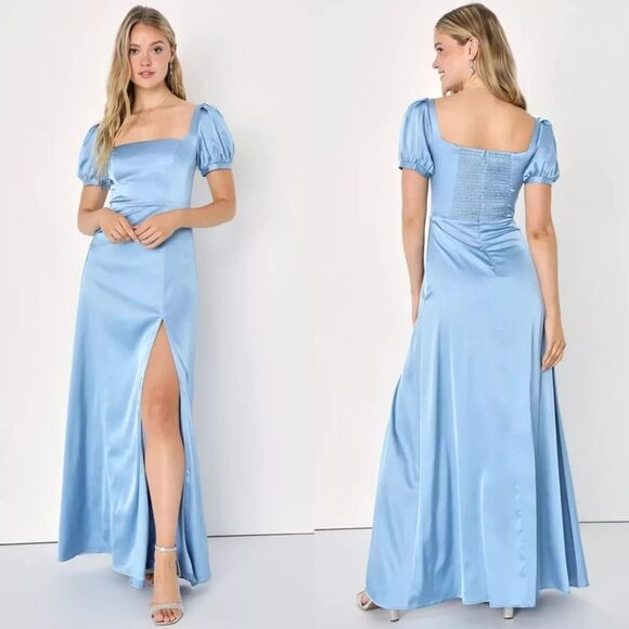 Lulus Effortless Romance Powder Blue Satin Maxi Dress XL Bridgerton Regency - Picture 1 of 10